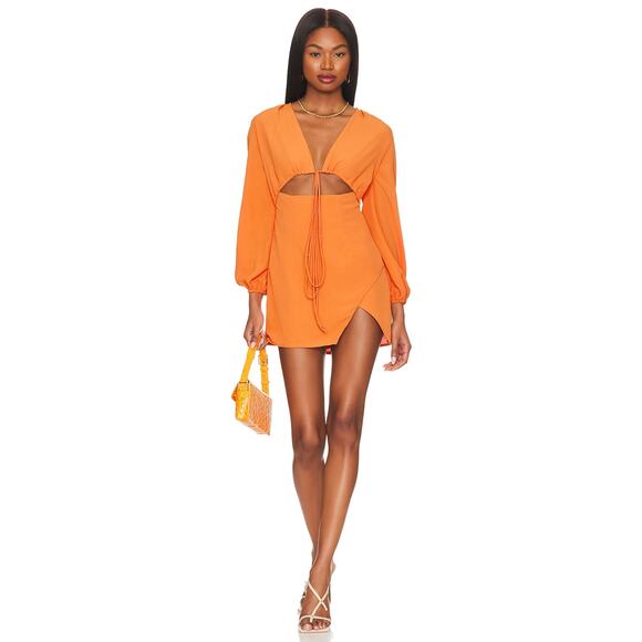 Superdown Selene Wrap Dress Orange Mini Front Tie V-Neck Long Sleeves‎ Sz XS - Picture 2 of 13